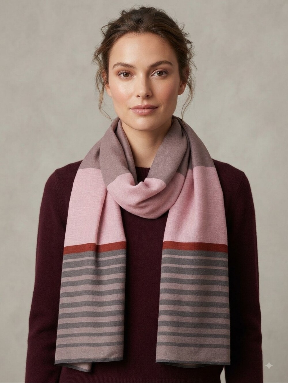Pretty Persuasions Pink Burgundy Gray Striped Scarf